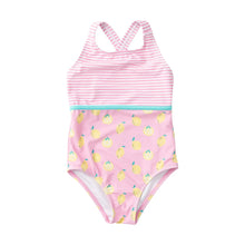 Load image into Gallery viewer, Make a splash in style with our Girls' Crossback One-Piece Swimsuit – Pink Frosting Lemon Print. Made with UPF 50, 82% Nylon / 18% Spandex performance fabric, this fully lined swimsuit keeps your little fish protected and comfortable whether she's perfecting her dive, racing her friends, or lounging poolside. Designed with crossback straps that stay put, it's built for all-day play and sporty adventures.

