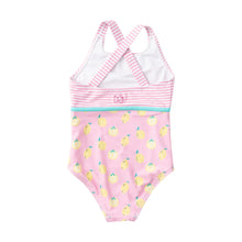 Load image into Gallery viewer, Make a splash in style with our Girls' Crossback One-Piece Swimsuit – Pink Frosting Lemon Print. Made with UPF 50, 82% Nylon / 18% Spandex performance fabric, this fully lined swimsuit keeps your little fish protected and comfortable whether she's perfecting her dive, racing her friends, or lounging poolside. Designed with crossback straps that stay put, it's built for all-day play and sporty adventures.
