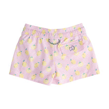 Load image into Gallery viewer, Squeeze the day in the PRODOH Girls' Beach Cruiser Short in Pink Frosting Lemon Stripe. Designed for sunshine and splash time, these girls UPF shorts pair quick-dry comfort with playful lemons for a sweet coastal look. The stretchy 95/5 fabric moves with her, a built-in brief adds coverage, and the secure back pocket keeps treasures close—from shells to hair ties.
