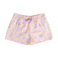Load image into Gallery viewer, Squeeze the day in the PRODOH Girls' Beach Cruiser Short in Pink Frosting Lemon Stripe. Designed for sunshine and splash time, these girls UPF shorts pair quick-dry comfort with playful lemons for a sweet coastal look. The stretchy 95/5 fabric moves with her, a built-in brief adds coverage, and the secure back pocket keeps treasures close—from shells to hair ties.

