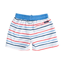 Load image into Gallery viewer, Let your little one make a splash this summer with the Boys’ Boogie Board Swim Trunk in Americana Summer Stripe by PRODOH. Designed for toddlers to tweens, these trunks are perfect for fun-filled days at the beach or pool, embodying the spirit of summer and July 4 celebrations. Encourage their adventurous side!
