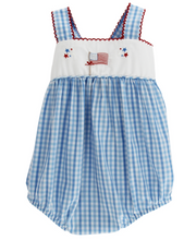 Load image into Gallery viewer, Celebrate freedom and style with the Stars and Stripes Romper by Bailey Boys. This adorable blue gingham romper features charming Stars and Stripes stitching, making it a perfect choice for your little girl this July 4th. Crafted from breathable, comfortable material, it's designed for endless summer fun!
