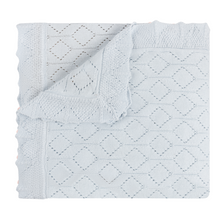 Load image into Gallery viewer, Complete your little one's nursery collection with our Lux Pointelle Knit Blanket by Feltman Brothers! Crafted with attention to detail, this luxurious blanket features an all-over, intricate diamond-shaped pointelle pattern that provides both classic elegance and breathable warmth.

Designed for lasting quality, it is finished with a delicate, scalloped knit edge that adds a sweet, vintage-inspired touch to any photoshoot or nursery.
