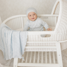 Load image into Gallery viewer, Complete your little one's nursery collection with our Lux Pointelle Knit Blanket by Feltman Brothers! Crafted with attention to detail, this luxurious blanket features an all-over, intricate diamond-shaped pointelle pattern that provides both classic elegance and breathable warmth.

Designed for lasting quality, it is finished with a delicate, scalloped knit edge that adds a sweet, vintage-inspired touch to any photoshoot or nursery.

