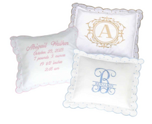 Load image into Gallery viewer, Personalized Baby Announcement Pillow combines comfort and personalization. Customize with your baby’s name, birth date, weight, length, and time. A unique addition to your baby’s room.

Measures 12.5″ wide by 11″ tall (including border, it measures 15 3/4″ wide by 14″ tall)
