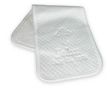 Load image into Gallery viewer, Explore Marcela’s burp cloth, ensuring your baby stays dry and comfy on their special day, customizable with their name or monogram.
