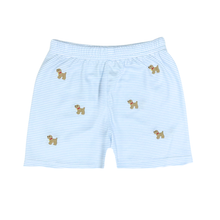 Load image into Gallery viewer, Delight your little one with the Puppy Leo Short by Zuccini Kids! These charming light blue knit striped shorts, featuring adorable mini puppy appliqués, offer the perfect blend of comfort and style. Pair them with our Puppy Harry’s Play Knit Tee for a playful look that keeps your toddler cool and happy during every adventure!

