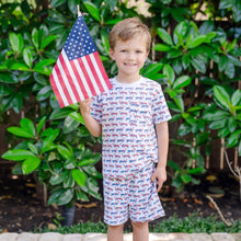 Load image into Gallery viewer, Dress your little one in the spirited Charles Boys’ Shorts Set in Patriotic Jeeps! Crafted from luxurious 100% Peruvian Pima Cotton, this set features a soft pocket t-shirt paired with playful shorts. Perfect for adventures, it combines comfort with a fun design that inspires outdoor exploration and pride!

