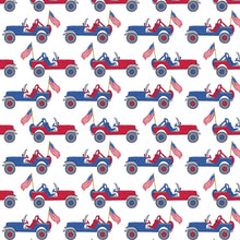 Load image into Gallery viewer, Dress your little one in the spirited Charles Boys’ Shorts Set in Patriotic Jeeps! Crafted from luxurious 100% Peruvian Pima Cotton, this set features a soft pocket t-shirt paired with playful shorts. Perfect for adventures, it combines comfort with a fun design that inspires outdoor exploration and pride!

