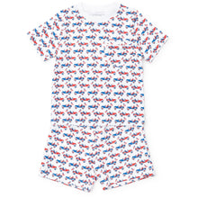 Load image into Gallery viewer, Dress your little one in the spirited Charles Boys’ Shorts Set in Patriotic Jeeps! Crafted from luxurious 100% Peruvian Pima Cotton, this set features a soft pocket t-shirt paired with playful shorts. Perfect for adventures, it combines comfort with a fun design that inspires outdoor exploration and pride!

