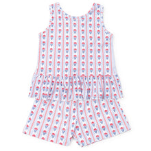 Load image into Gallery viewer, Celebrate your little one's spirit with the Poppy Girls’ Short Set in Liberty Floral by Lila + Hayes. Crafted from soft, breathable 100% Pima cotton, this charming outfit features a delightful patriotic floral print, perfect for festive occasions. Let her shine with comfort and style!
