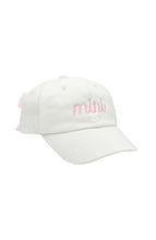 Load image into Gallery viewer, White baseball hat with pink/white seersucker bow and "mini" embroidery.
