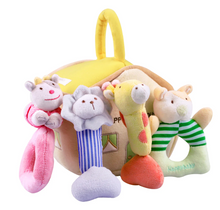 Load image into Gallery viewer, Delight your little one with the Happy Baby House - 4 Plush Rattles Set! This charming collection features soft, cuddly rattles shaped like adorable animals, perfect for tiny hands. Each rattle encourages sensory play and engagement, making it an ideal gift for babies aged 2 months and up. Watch your baby giggle with joy!
