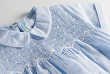 Load image into Gallery viewer, Looking for a beautiful, classy creeper for your baby boy? Check out the Diamond Smocked Creeper, with it's lovely, understated style. Available in soft white and baby blue, with contrasting colored embroidery on the smocked bodice - a diamond overlay with a chevron border along the bottom. Beautiful lace beading trims the collar and cuffs for an added touch of class. Perfect for family get-togethers, outings with friends, and any time you need that classy, vintage look!
