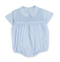 Load image into Gallery viewer, Looking for a beautiful, classy creeper for your baby boy? Check out the Diamond Smocked Creeper, with it's lovely, understated style. Available in soft white and baby blue, with contrasting colored embroidery on the smocked bodice - a diamond overlay with a chevron border along the bottom. Beautiful lace beading trims the collar and cuffs for an added touch of class. Perfect for family get-togethers, outings with friends, and any time you need that classy, vintage look!
