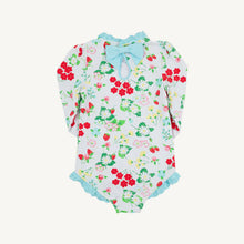 Load image into Gallery viewer, The Sarasota Surf-Suit in Berry Sweet combines playful style with essential sun protection, making it perfect for your little girl’s pool and beach adventures. Its long sleeves shield delicate skin while the charming TBBC pattern adds a touch of fun. Dress her in this vibrant suit and watch her enjoy every splash!
