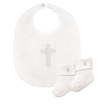 Load image into Gallery viewer, Stephan Baby’s Cross Bibs &amp; Socks Gift Set is perfect for those special faith-based occasions. This set includes a white bib with embroidered cross and coordinating white lace socks.
