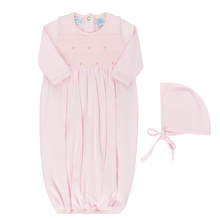 Load image into Gallery viewer, Pink Baby Smocked Bullion Gown With Bonnet
