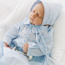 Load image into Gallery viewer, Wrap your little one in timeless elegance with the Boys Dot Embroidered Take Me Home Gown With Bonnet by Feltman Brothers. Available in soft blue or pristine white, this classic heirloom piece is perfect for portraits and making cherished memories as you welcome your baby home!
