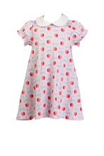Load image into Gallery viewer, The Apple Blossoms Dress by The Proper Peony is a delightful blend of charm and comfort. Made from soft Pima cotton, it features a whimsical apple and bow print, along with an adorable Peter Pan collar. Perfect for the first day of school, this dress combines style and ease, ensuring your little one feels confident and cute!
