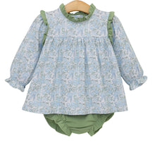 Load image into Gallery viewer, Celebrate every giggle this fall with Jellybean’s Basin Floral Hallie Diaper Set! The charming floral top pairs beautifully with soft green bloomers, creating an irresistible look that keeps your little one cozy and stylish all season long. Ready to brighten your baby’s wardrobe?
