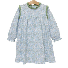 Load image into Gallery viewer, Let your little one blossom in the Basin Floral Hallie Dress by Jellybean! Soft green and light blue florals paired with charming ruffled sleeves create a cozy, adorable look perfect for crisp fall days. Comfort meets cuteness in every twirl—watch her confidence bloom!
