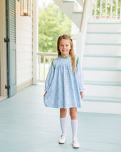 Load image into Gallery viewer, Let your little one blossom in the Basin Floral Hallie Dress by Jellybean! Soft green and light blue florals paired with charming ruffled sleeves create a cozy, adorable look perfect for crisp fall days. Comfort meets cuteness in every twirl—watch her confidence bloom!
