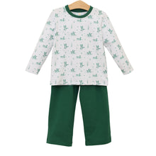 Load image into Gallery viewer, Ignite your little adventurer’s spirit with the Marsh Mallards Thomas Pants Set by Jellybean! Cozy Hunter green pants and a cream knit tee decorated with lively mallards bring the magic of the outdoors to every day. Perfect for fall explorations, this set ensures comfort and style in every step. 
