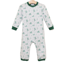 Load image into Gallery viewer, Celebrate autumn’s charm with the Marsh Mallards Thomas Romper by Jellybean. Soft white knit fabric wrapped in playful green mallard prints makes it a cozy, eye-catching outfit for your little boy’s first adventures. Ready to become a favorite fall staple or a cherished gift!
