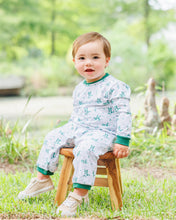 Load image into Gallery viewer, Celebrate autumn’s charm with the Marsh Mallards Thomas Romper by Jellybean. Soft white knit fabric wrapped in playful green mallard prints makes it a cozy, eye-catching outfit for your little boy’s first adventures. Ready to become a favorite fall staple or a cherished gift!
