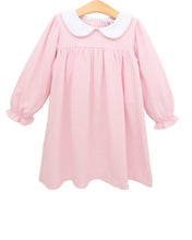 Load image into Gallery viewer, Celebrate every autumn moment in the Lottie Dress by Jellybean, where soft light pink stripes meet a charming white Peter Pan collar. This cozy knit dress moves effortlessly from playdates to parties, wrapping your little one in comfort and timeless style.

