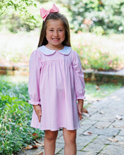 Load image into Gallery viewer, Celebrate every autumn moment in the Lottie Dress by Jellybean, where soft light pink stripes meet a charming white Peter Pan collar. This cozy knit dress moves effortlessly from playdates to parties, wrapping your little one in comfort and timeless style.
