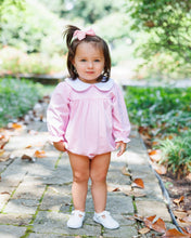 Load image into Gallery viewer, Dress your little one in the charming Lottie Bubble by Jellybean, featuring soft light pink stripes and a crisp white Peter Pan collar. Perfect for cozy fall days, this adorable and comfortable outfit makes every moment with your infant girl even more special!
