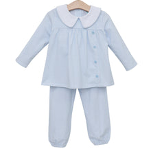 Load image into Gallery viewer, Step into effortless charm with the Liam Pants Set in Light Blue Windowpane by Jellybean. The relaxed fit embraces comfort, while the Peter Pan collar and buttoned top add timeless elegance. Feel both precious and poised in this beautifully soft, classic ensemble—perfect for moments when style meets ease!
