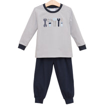 Load image into Gallery viewer, Ready for adventure, the Built to Play Jogger Set by Jellybean sparks imagination with playful tool appliqués and cozy knit joggers. Soft, breathable fabric keeps your little builder comfortable from morning playdates to afternoon naps! Is your boy ready to build his next masterpiece?
