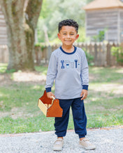 Load image into Gallery viewer, Ready for adventure, the Built to Play Jogger Set by Jellybean sparks imagination with playful tool appliqués and cozy knit joggers. Soft, breathable fabric keeps your little builder comfortable from morning playdates to afternoon naps! Is your boy ready to build his next masterpiece?
