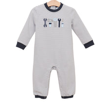 Load image into Gallery viewer, Ready for adventure in cozy style! The Built to Play Romper by Jellybean wraps your little one in soft brown stripes and charming tool appliqués, perfect for spirited fall days. Its comfy knit and navy accents make every moment comfortable and full of joy. Ready to explore?
