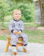 Load image into Gallery viewer, Ready for adventure in cozy style! The Built to Play Romper by Jellybean wraps your little one in soft brown stripes and charming tool appliqués, perfect for spirited fall days. Its comfy knit and navy accents make every moment comfortable and full of joy. Ready to explore?
