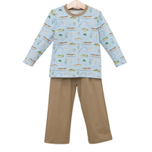 Load image into Gallery viewer, Ignite your little angler’s passion with Jellybean’s Hook and Tackle Thomas Pants Set! The fishing-themed shirt sparks adventure, while the cozy brown pants keep him comfy during every outdoor escapade. Perfect for fall fun, this set inspires joy in every moment spent exploring nature!
