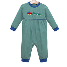Load image into Gallery viewer, Fuel his imagination with the Dig Dump and Roll Romper by Jellybean! Soft green stripes and vibrant digger, dump truck, and roller appliqués bring construction magic to life. Perfect for a cozy fall day, this romper sparks adventure and comfort for your little builder. Ready to roll?
