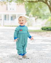 Load image into Gallery viewer, Fuel his imagination with the Dig Dump and Roll Romper by Jellybean! Soft green stripes and vibrant digger, dump truck, and roller appliqués bring construction magic to life. Perfect for a cozy fall day, this romper sparks adventure and comfort for your little builder. Ready to roll?

