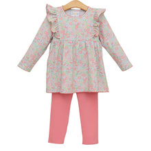Load image into Gallery viewer, Feel the joy of vibrant blooms with the Cottage Blooms Frances Pant Set by Jellybean! The soft knit floral top, detailed with delicate ruffles, pairs beautifully with cheerful coral leggings—creating an outfit that’s both charming and comfortable for any adventure. Ready to brighten every day?
