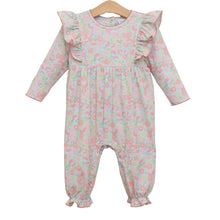 Load image into Gallery viewer, Wrap your little one in the sweet charm of the Cottage Blooms Frances Romper by Jellybean! Delicate floral prints and gentle ruffles create a cozy, enchanting look that's perfect for every tiny adventure. Celebrate her innocence with every soft, playful detail!
