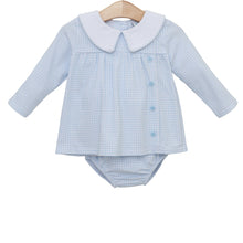 Load image into Gallery viewer, Dress your little one in Jellybean’s Liam Diaper Set—a charming light blue windowpane shirt with a classic Peter Pan collar and matching diaper cover. This adorable outfit brings comfort and timeless style to your baby boy’s everyday moments. Ready to make memories in style?
