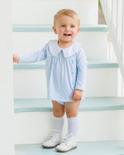 Load image into Gallery viewer, Dress your little one in Jellybean’s Liam Diaper Set—a charming light blue windowpane shirt with a classic Peter Pan collar and matching diaper cover. This adorable outfit brings comfort and timeless style to your baby boy’s everyday moments. Ready to make memories in style?
