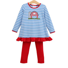 Load image into Gallery viewer, Celebrate playful fall days with the On the Farm Ruffle Pants Set by Jellybean! The blue striped tee, bright red accents, and charming farm appliqué bring joyful energy, while cozy red leggings keep your little one comfy and ready for adventures. 
