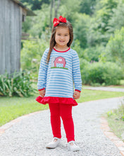 Load image into Gallery viewer, Celebrate playful fall days with the On the Farm Ruffle Pants Set by Jellybean! The blue striped tee, bright red accents, and charming farm appliqué bring joyful energy, while cozy red leggings keep your little one comfy and ready for adventures. 
