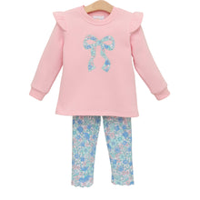 Load image into Gallery viewer, Let your little one bloom in the Painted Petals Ruffle Sweatshirt Set by Jellybean! The soft pink sweatshirt, detailed with a charming floral bow and ruffle sleeves, pairs beautifully with matching floral leggings—bringing comfort and vibrant fall style to every playful moment. Ready to brighten her day?

