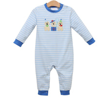 Load image into Gallery viewer, Celebrate your little boy’s special moments in the Puppy Party Romper by Jellybean! This blue striped romper, featuring a joyful puppy appliqué, brings playful charm and comfort to every celebration. Dress him in fun and let the party spirit shine bright!

