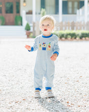 Load image into Gallery viewer, Celebrate your little boy’s special moments in the Puppy Party Romper by Jellybean! This blue striped romper, featuring a joyful puppy appliqué, brings playful charm and comfort to every celebration. Dress him in fun and let the party spirit shine bright!
